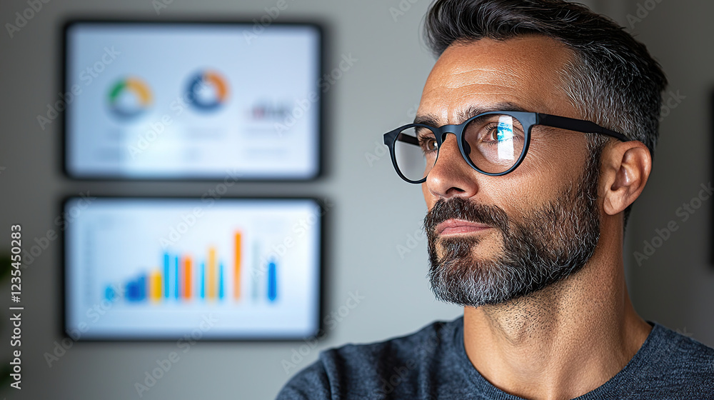 Poster focused man with glasses analyzes data on screens, reflecting high tech marketing environment. backg