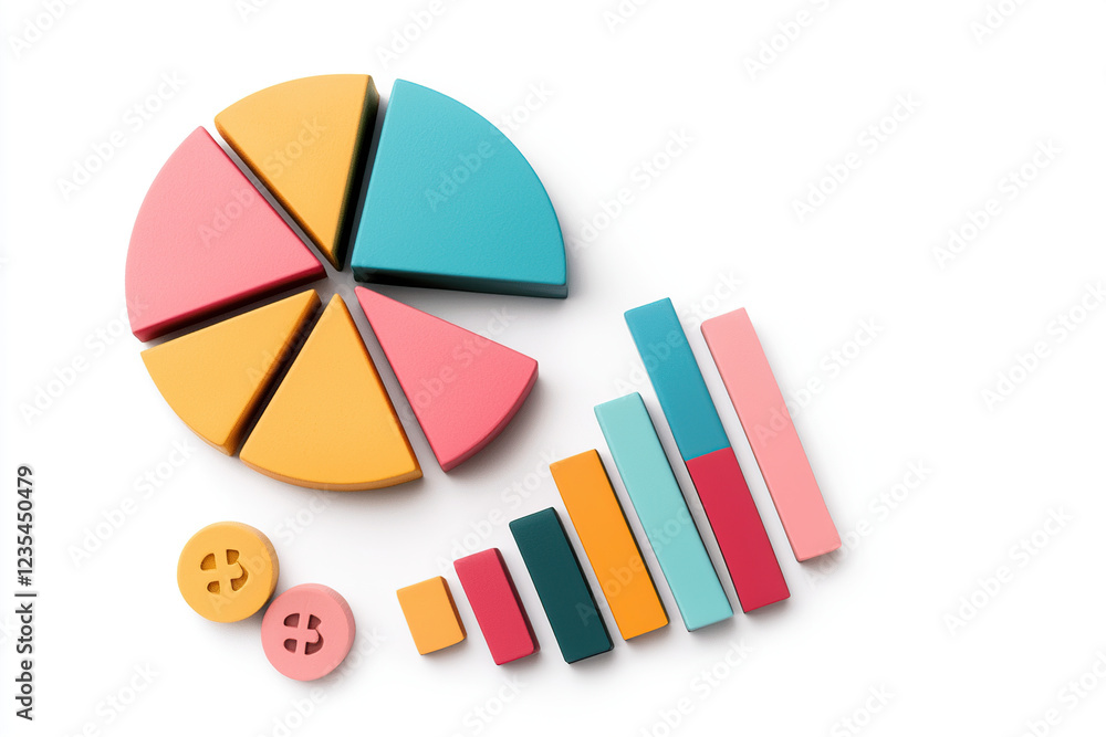 Poster colorful pie chart and bar graph on white background, illustrating data analysis and price optimizat