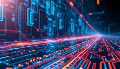 Stock market chart, financial data visualization, glowing neon lines, candlestick graph, digital trading display, blue and red colors, blurred background, financial district, economic indicators, high