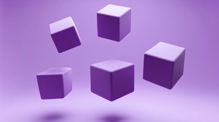 Obraz premium Five levitating purple cubes on purple background.