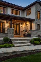 Luxury Modern Home Exterior at Night: Stone Facade, Grand Entrance, and Landscaped Pathway