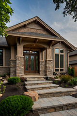 Craftsman Style Home Exterior: Stone and Wood Design.  Luxury Residential Architecture with Landscaping and Modern Facade