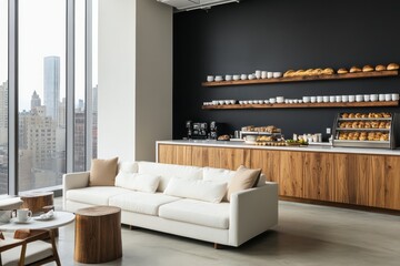 Modern office lounge with city view, breakfast bar, and comfortable seating