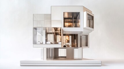 Architectural model showcasing modern design with stacked cubes and glass elements on a white base