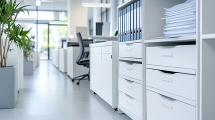 Fototapeta premium Modern office interior with organized shelves, filing cabinets, and large windows showcasing bright natural light