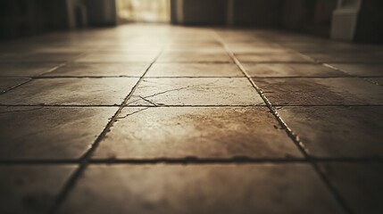 Warm light illuminates worn tile floor. AI Generated