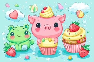 Cute pig, frog, cupcakes, sweets, pastel background; children's book illustration