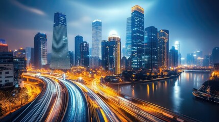 Fototapeta premium Modern urban skyline featuring innovative architecture and high-tech infrastructure, illuminated by vibrant city lights.