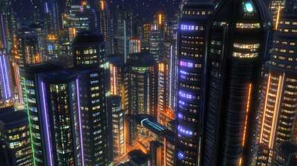 Neon-lit skyscrapers with shimmering holographic effects dominate the cityscape, creating a visually stunning futuristic scene.