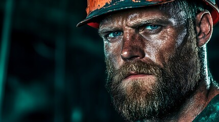 Grizzled Construction Worker Portrait: Close-up of a Sweaty, Bearded Man in a Hard Hat