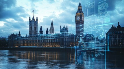 Fototapeta premium Parliament building with futuristic digital charts, symbolizing the blend of governance, economy, and modern technology.