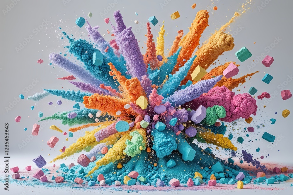 Poster dynamic chalk particle explosion on clean background with vibrant swirling effects