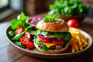 A juicy burger with melted cheese, fresh lettuce, and a toasted bun