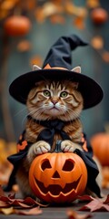 Naklejka premium A festive feline dons a witch's hat, surrounded by autumnal delights and a jack-o'-lantern companion