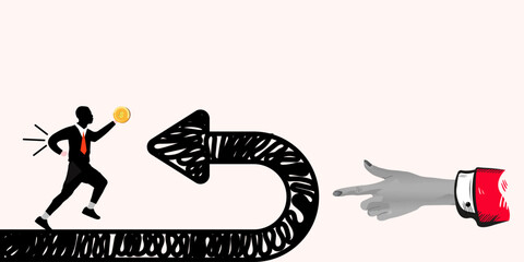 Businessman Chasing Money, UTurn, Redirect, New Opportunity, Goal Shift, Strategic Change, Financial