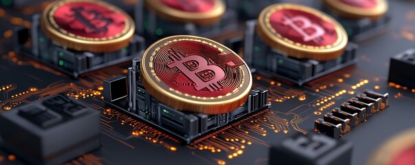 Fototapeta premium Bitcoin Cryptocurrency Mining on a Circuit Board