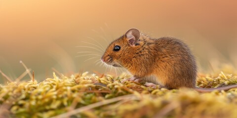 Tiny Brown Mouse on Soft Green Moss Against a Blurred Background