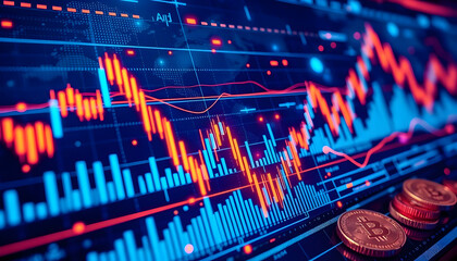 Stock market chart, financial data visualization, glowing neon lines, candlestick graph, digital trading display, blue and red colors, blurred background, financial district, economic indicators, high
