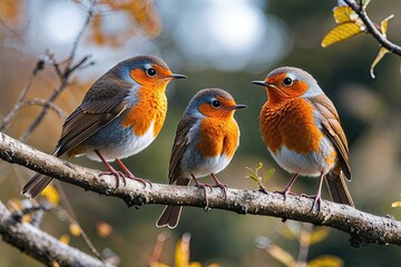 Fototapeta premium Family of Robins Sitting on a Branch in Natural Habitat