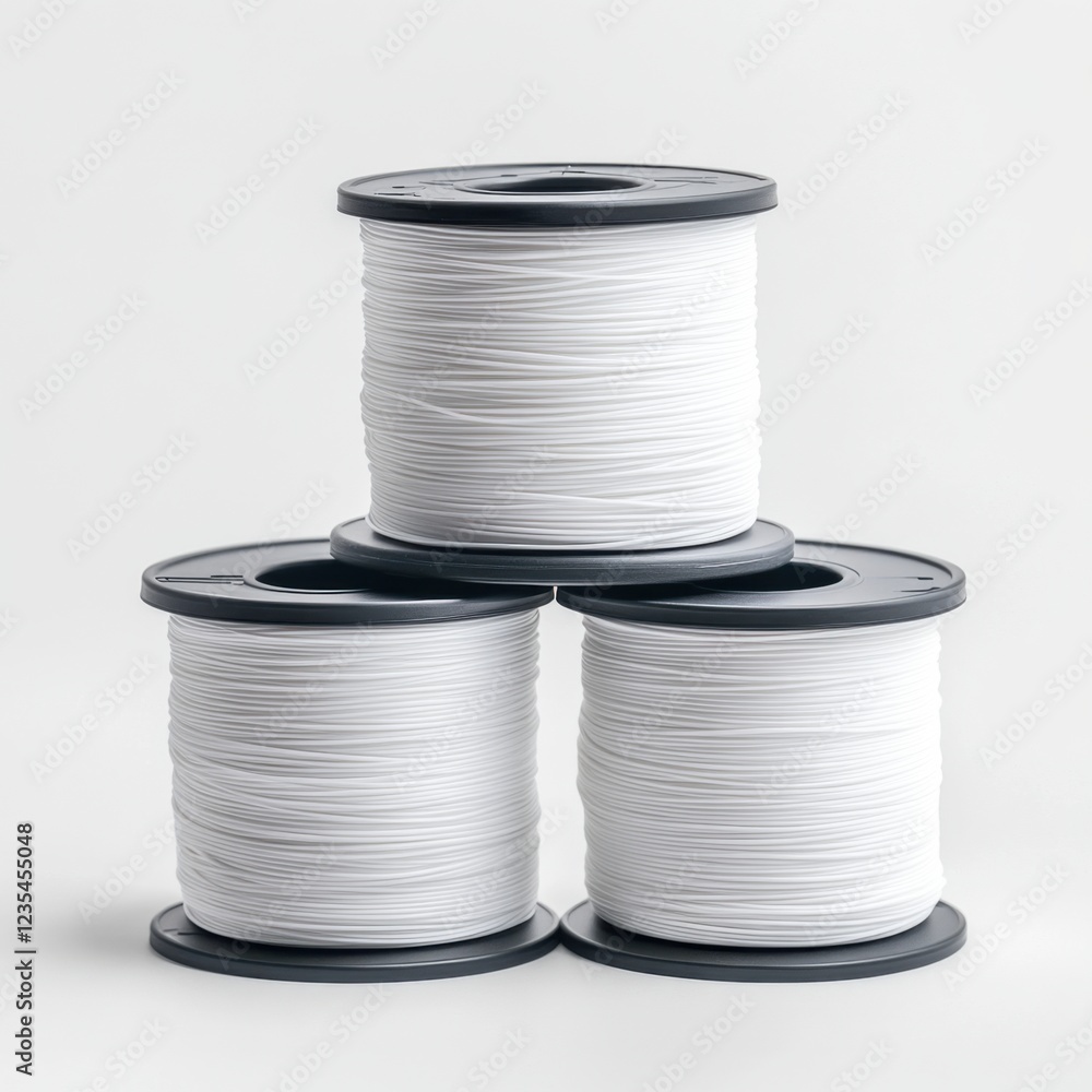 Poster three spools of white thread stacked neatly on a light background for craft and sewing projects