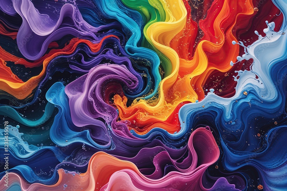 Poster dynamic abstract splash art with vivid fluid patterns and engaging wavy kaleidoscopic brushstroke de
