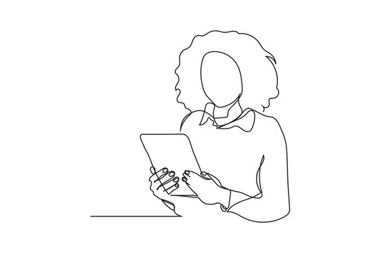 A minimalist line drawing of a woman with curly hair using a tablet.