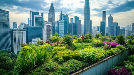 Rooftop garden filled with vibrant greenery, nestled among towering skyscrapers, showcasing sustainability in an urban environment.