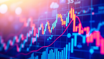 Stock market chart, financial data visualization, glowing neon lines, candlestick graph, digital trading display, blue and red colors, blurred background, financial district, economic indicators, high