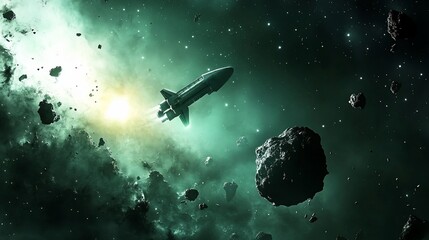 Obraz premium Spaceship Navigating Asteroid Field: A Cosmic Journey