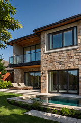 Fototapeta premium Luxury Modern House with Infinity Pool and Stone Exterior. Breathtaking Contemporary Home Design, perfect for Summer Relaxation