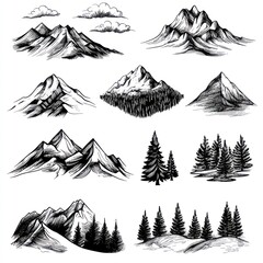 A Collection Of Hand Drawn Mountain And Forest Illustrations