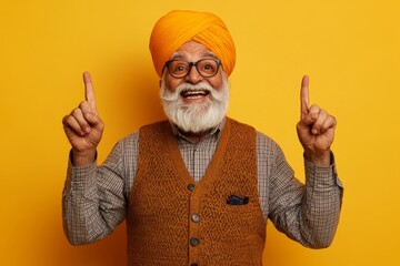 Happy Indian senior man in turban pointing upwards against yellow background. Cheerful Indian elderly man with a white beard, wearing a turban and glasses, smiling and pointing up against