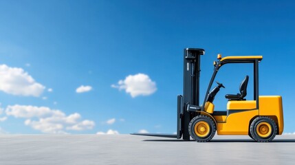 Bright Yellow Forklift on a Clear Day with Blue Sky and Clouds in the Background