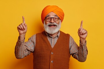 Happy Indian senior man in turban pointing upwards against yellow background. Cheerful Indian elderly man with a white beard, wearing a turban and glasses, smiling and pointing up against