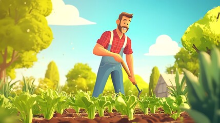 Happy Farmer Tending His Vegetable Garden In Sunshine