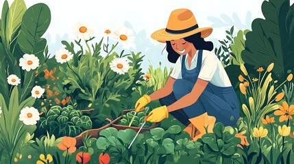 Woman Tending Her Vibrant Garden Filled With Flowers and Plants