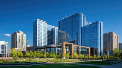 Sleek glass skyscrapers and office buildings forming a modern urban skyline under a cloudless blue sky.