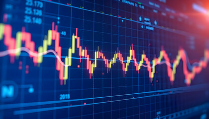 Stock market chart, financial data visualization, glowing neon lines, candlestick graph, digital trading display, blue and red colors, blurred background, financial district, economic indicators, high