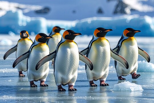 Playful Penguins Waddling on Icy Winter Landscape