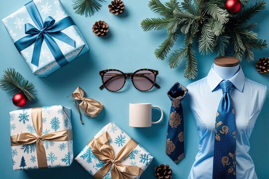 Elegant Gift Display on Powder Blue Background with Wrapped Presents Trendy Eyewear Cozy Mug and Stylish Necktie