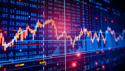Stock market chart, financial data visualization, glowing neon lines, candlestick graph, digital trading display, blue and red colors, blurred background, financial district, economic indicators, high