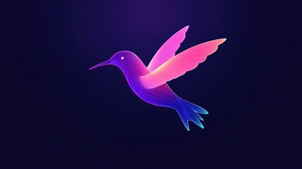 Fototapeta premium Neon hummingbird in flight, dark background, nature, design