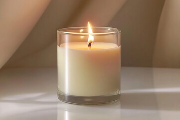 Lit Cream Colored Candle in Clear Glass Jar on White Surface