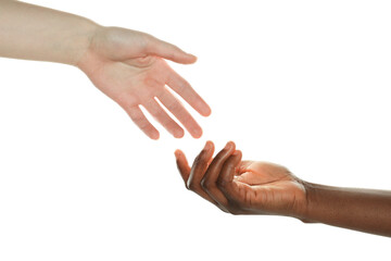 Stop racism. People of different skin colors joining hands on white background, closeup