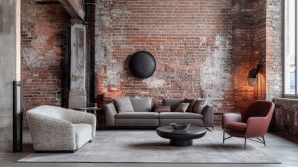 Modern Living Room Interior Design with Exposed Brick Walls and Stylish Furniture