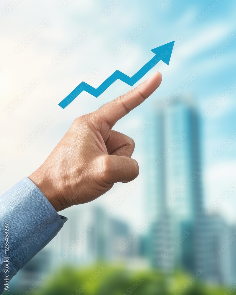 Aufkleber hand pointing upward with business arrow graph and skyscraper background