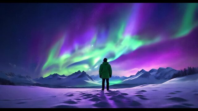 Aurora Borealis Green fluor Northern Lights and silhouette man watching. Winter landscape with polar weather. Starry night sky scenery