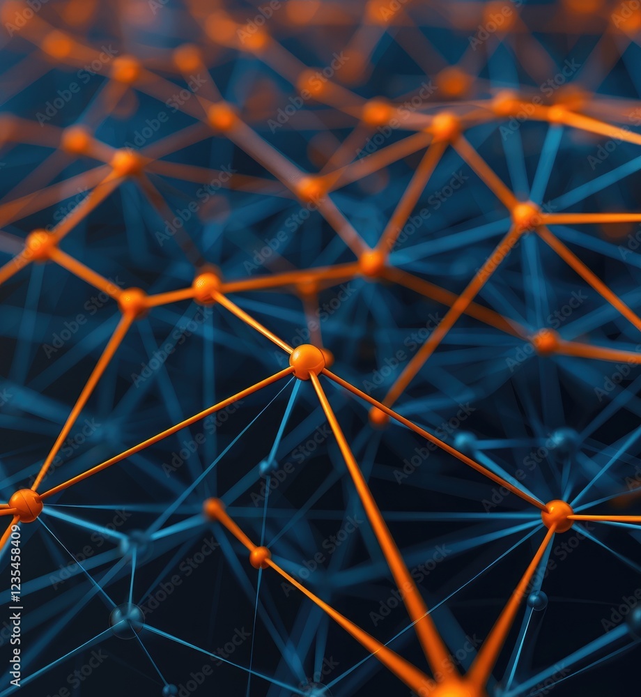 Poster abstract network connection with blue and orange nodes and lines