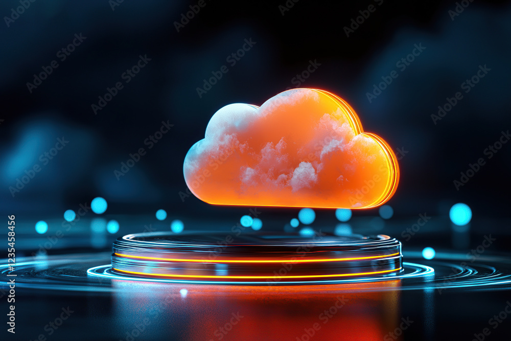 Poster glowing orange cloud icon floats above futuristic platform, symbolizing secure cloud storage technol