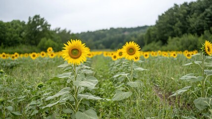 Obraz premium Sunflowers in field, rural landscape, summer